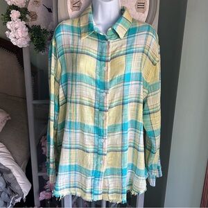 LA MIEL Long Sleeve Button-Up Collared Shirt Pastel Plaid Ragged Edge Size L